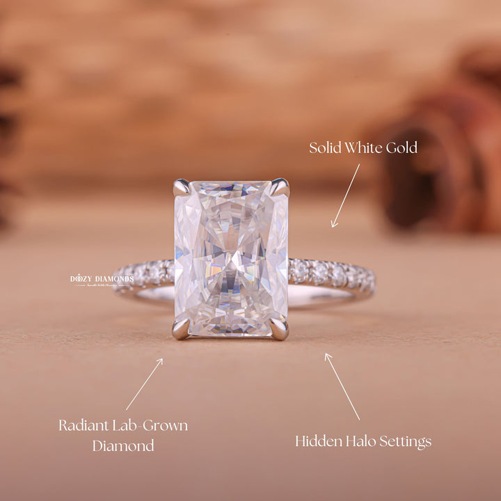 Certified radiant cut diamond featured in hidden halo engagement ring