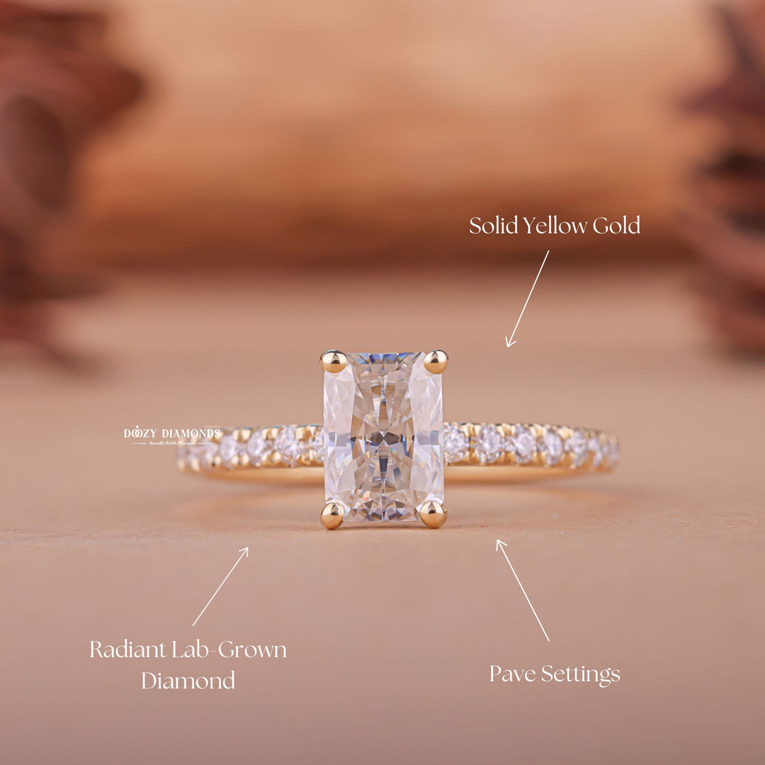 Radiant pave engagement ring close-up highlighting diamond sparkle