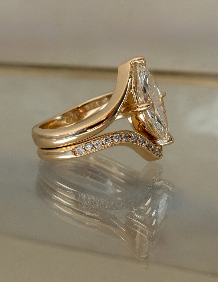 2.50CT Marquise Bypass Lab Grown Diamond Ring Yellow Gold Chevron Pave Band