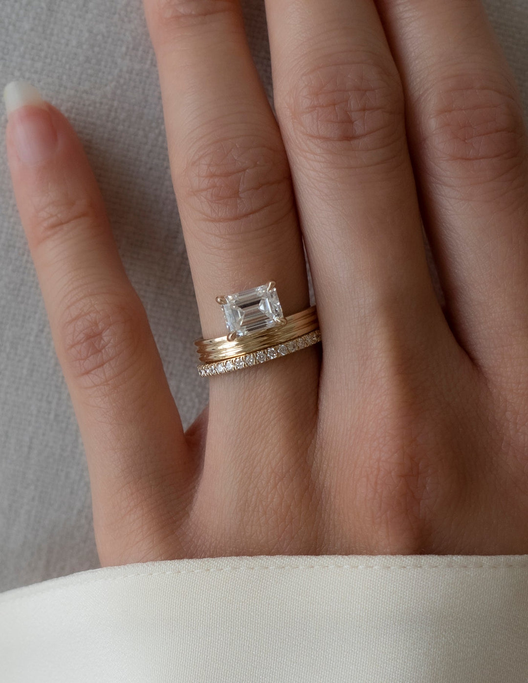 1.50CT East West Emerald Lab Grown Diamond Ring Yellow Gold Stacked Band