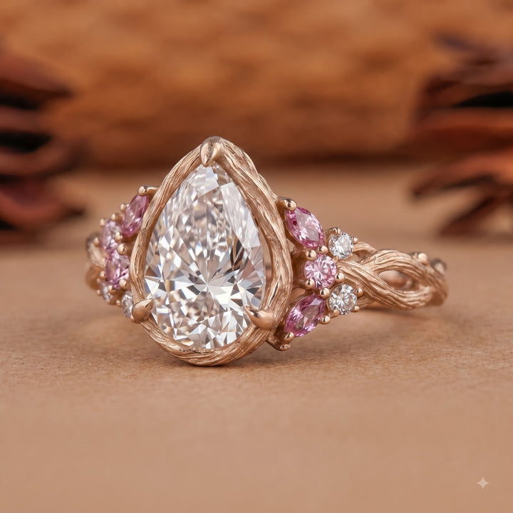 2.0CT Pear Lab Grown Diamond Pink Sapphire Accents Nature Inspired Engagement Rings