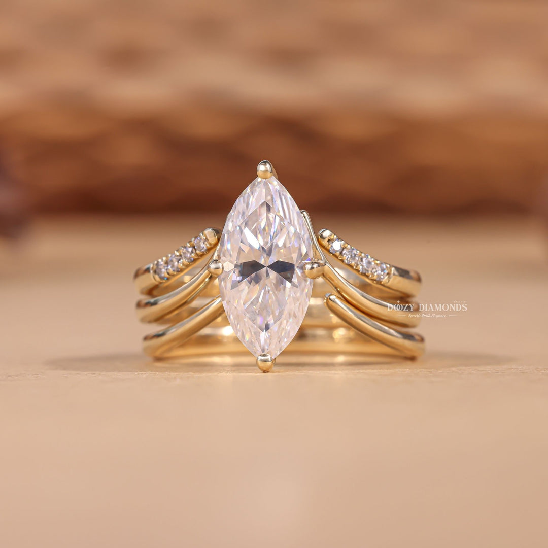 2.0CT Marquise Cut EF-VS2 Lab Grown Eve Diamond Ring with Curved Wedding Band or Plain Band