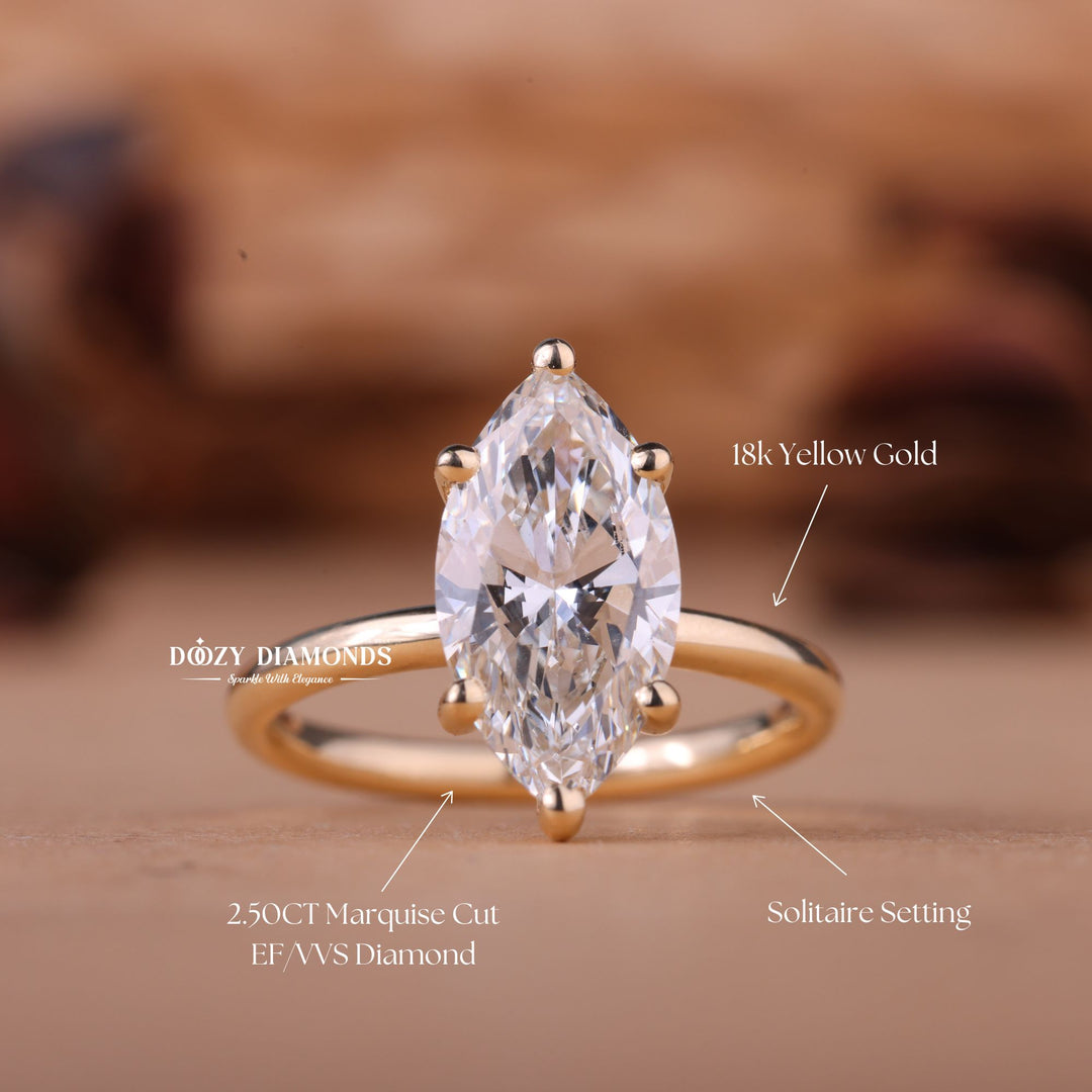 Top-down view of marquise cut solitaire engagement ring