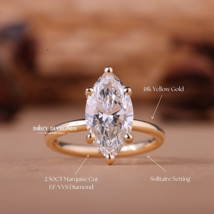 Top-down view of marquise cut solitaire engagement ring