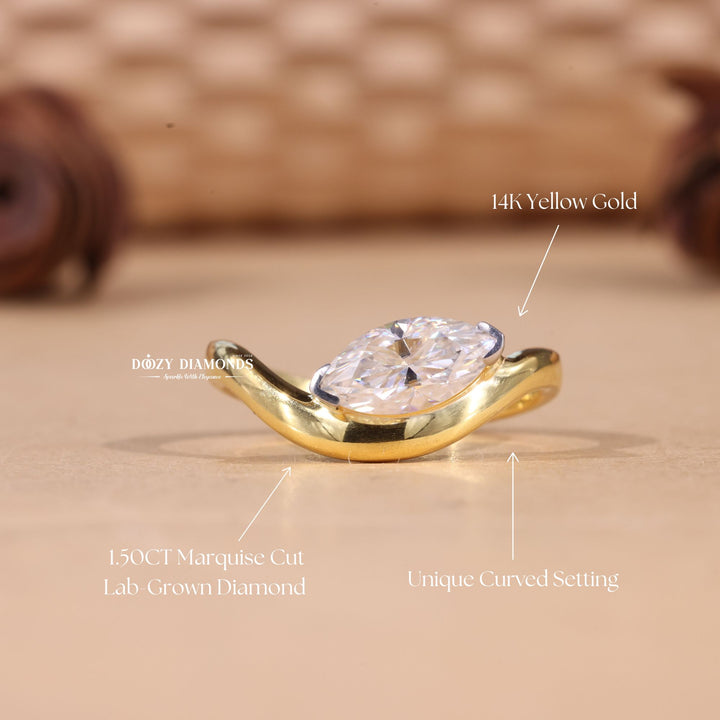 Handcrafted marquise cut solitaire lab grown diamond engagement ring
