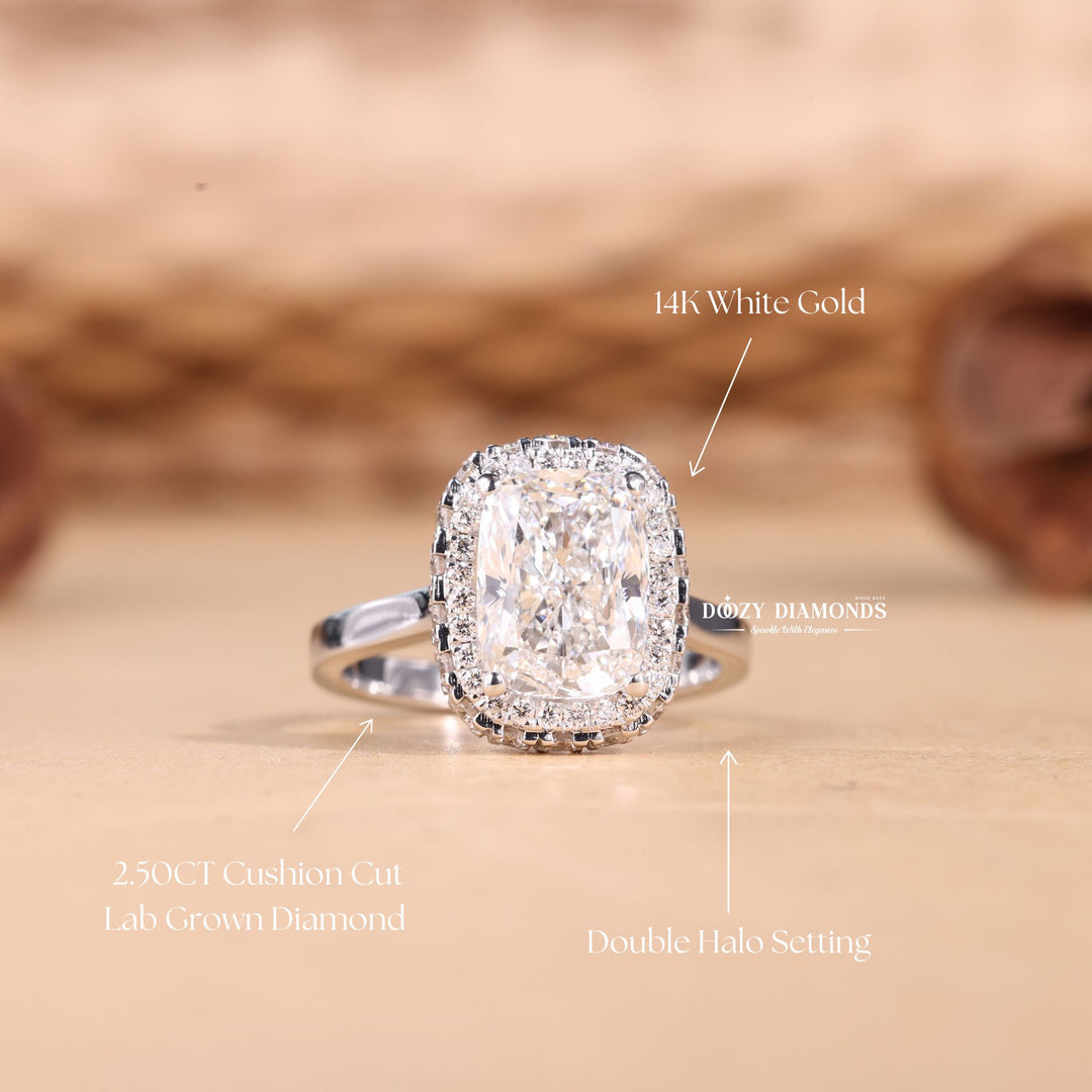 Cushion halo engagement ring viewed from the side