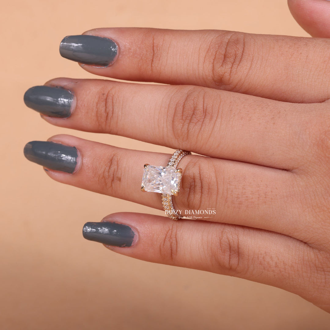 Radiant pave engagement ring close-up showing E/VS2 diamond clarity