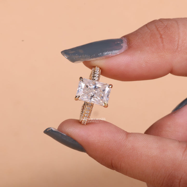 Detailed close-up of radiant pave diamond engagement ring