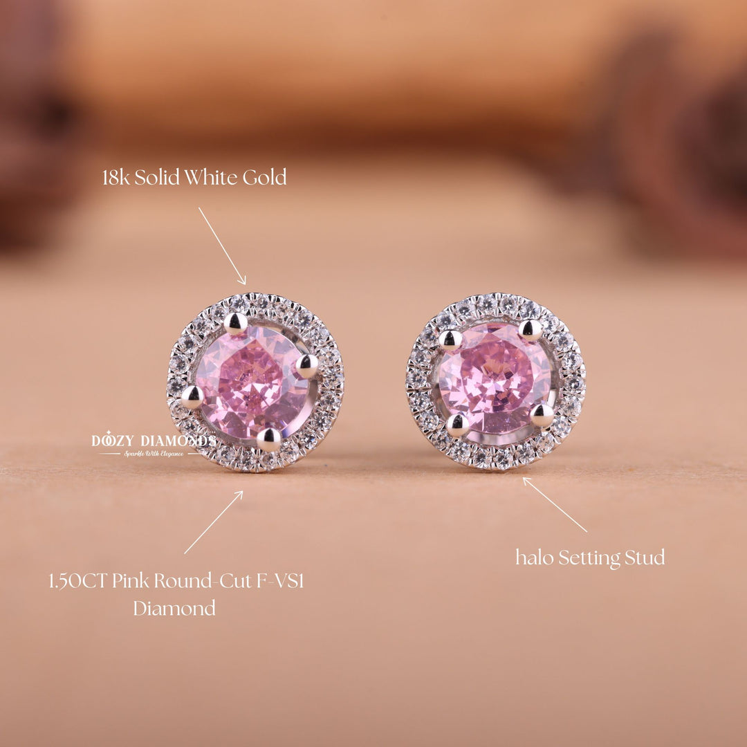 Pink Round EF-VS2 Lab-Grown Diamond Halo Stud Earrings
