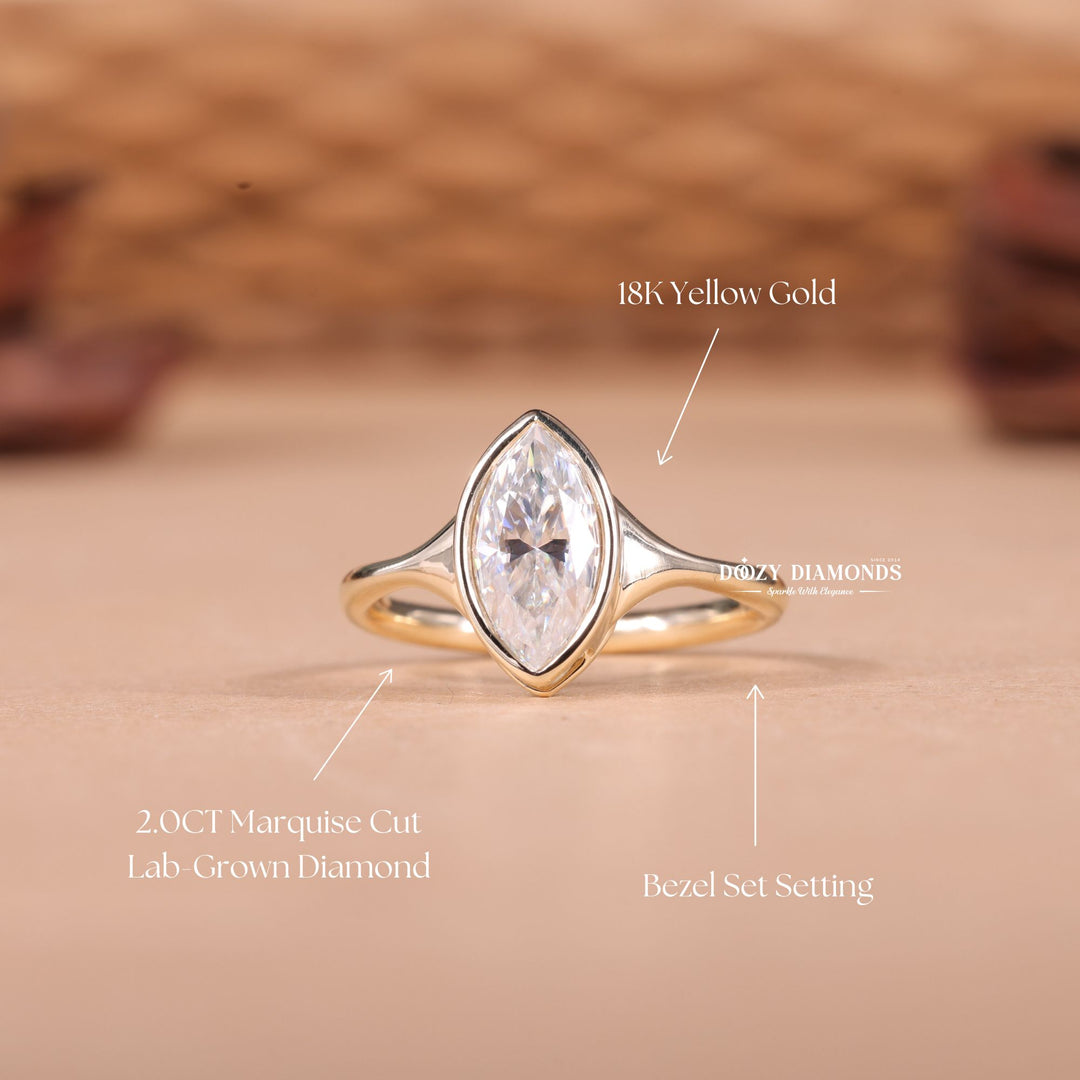 Marquise bezel diamond ring displayed on jewelry stand