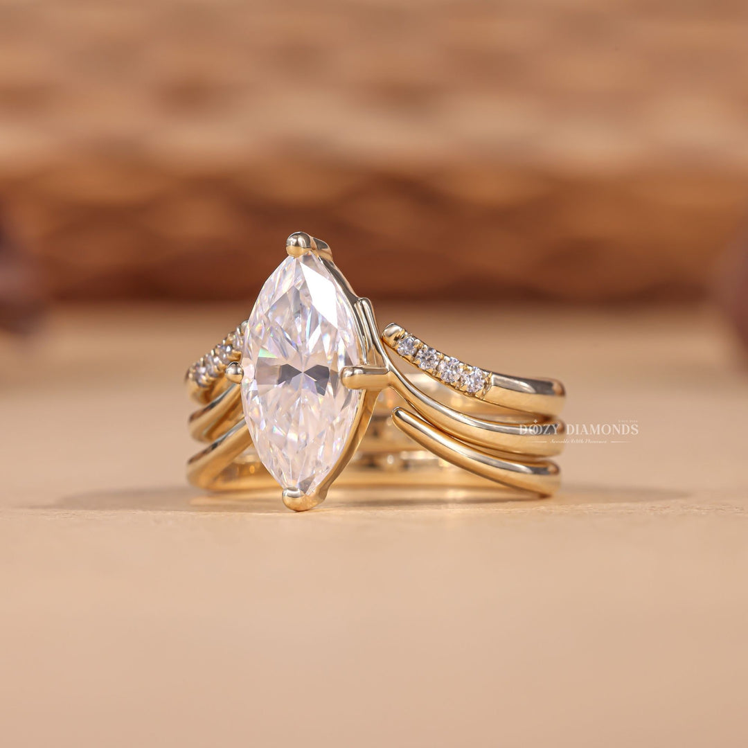 2.0CT Marquise Cut EF-VS2 Lab Grown Eve Diamond Ring with Curved Wedding Band or Plain Band