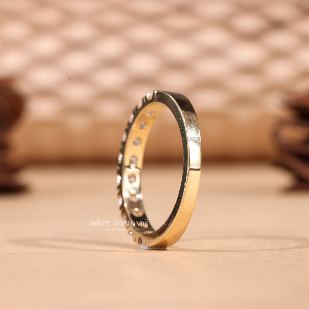 Round diamond band stacked with engagement ring