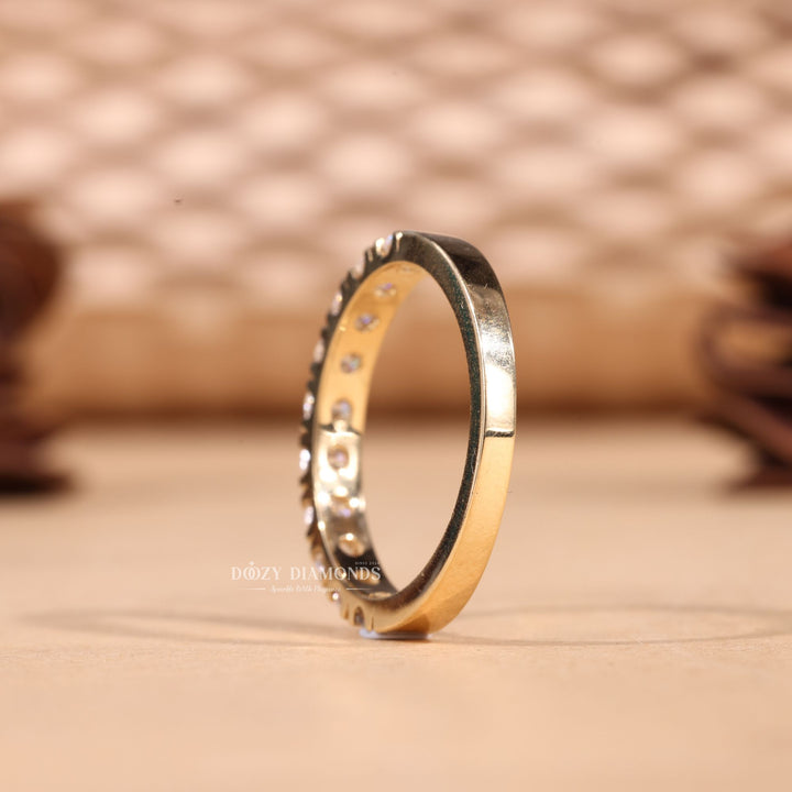 Round diamond band stacked with engagement ring