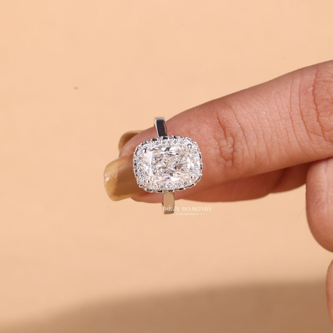 Cushion halo lab grown diamond ring side profile in gold setting
