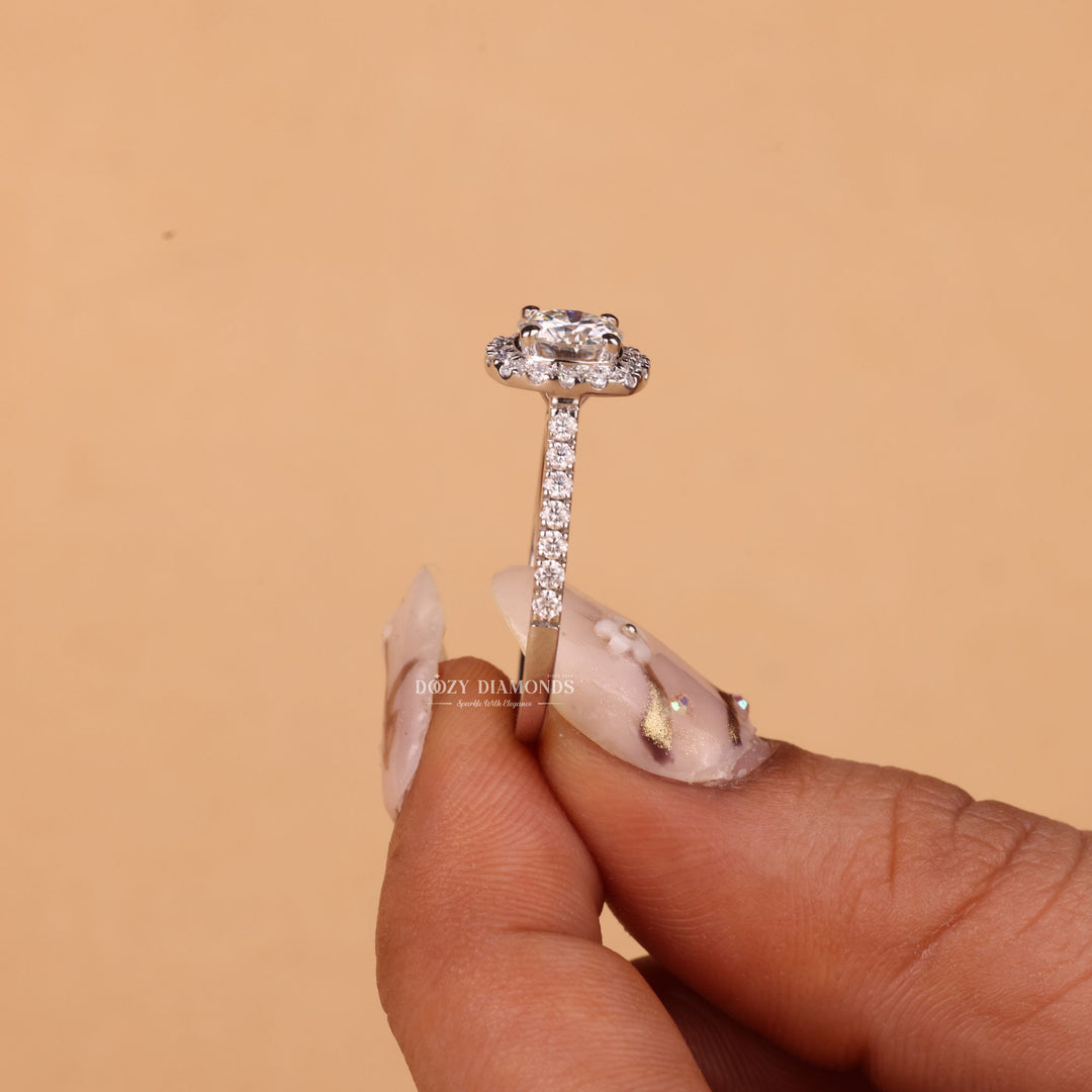 Round cut engagement ring side view showing band detail