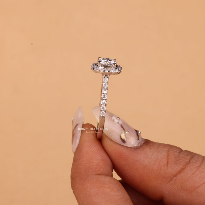Round cut engagement ring side view showing band detail