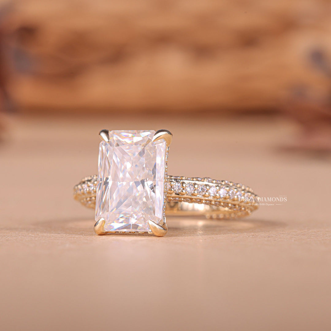 Fine craftsmanship detail on radiant pave engagement ring