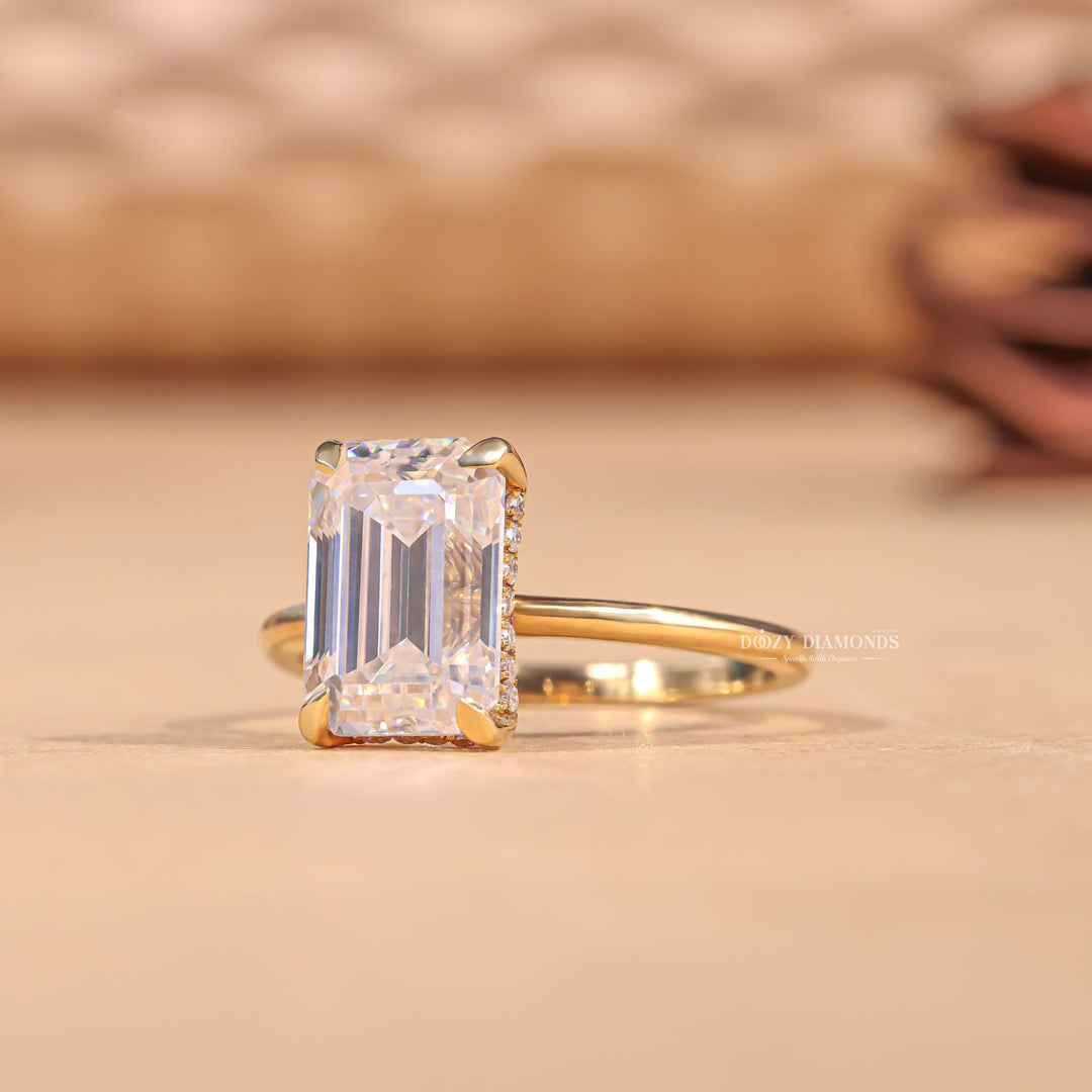 Emerald hidden halo lab grown diamond ring in jewelry gift box