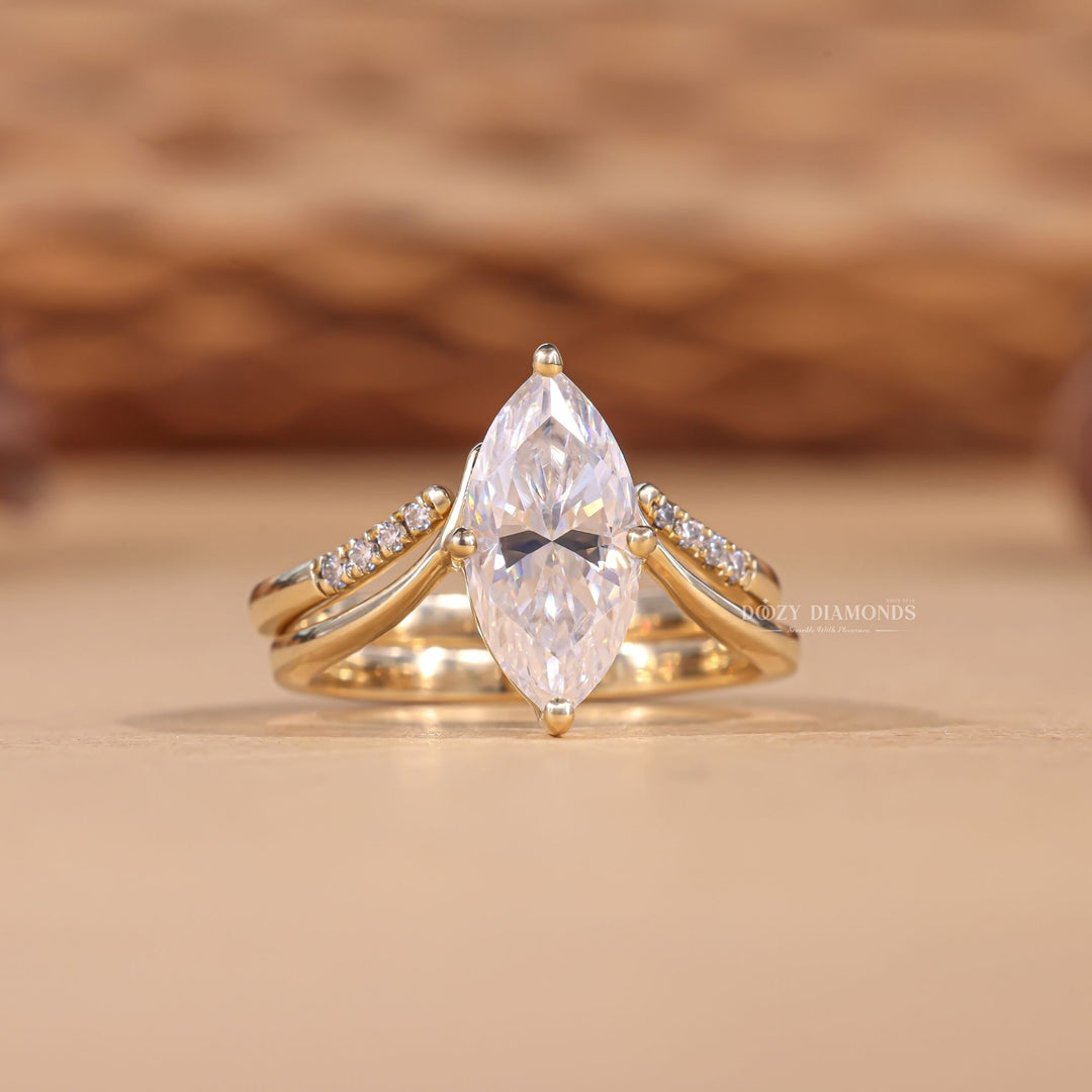 2.0CT Marquise Cut EF-VS2 Lab Grown Eve Diamond Ring with Curved Wedding Band