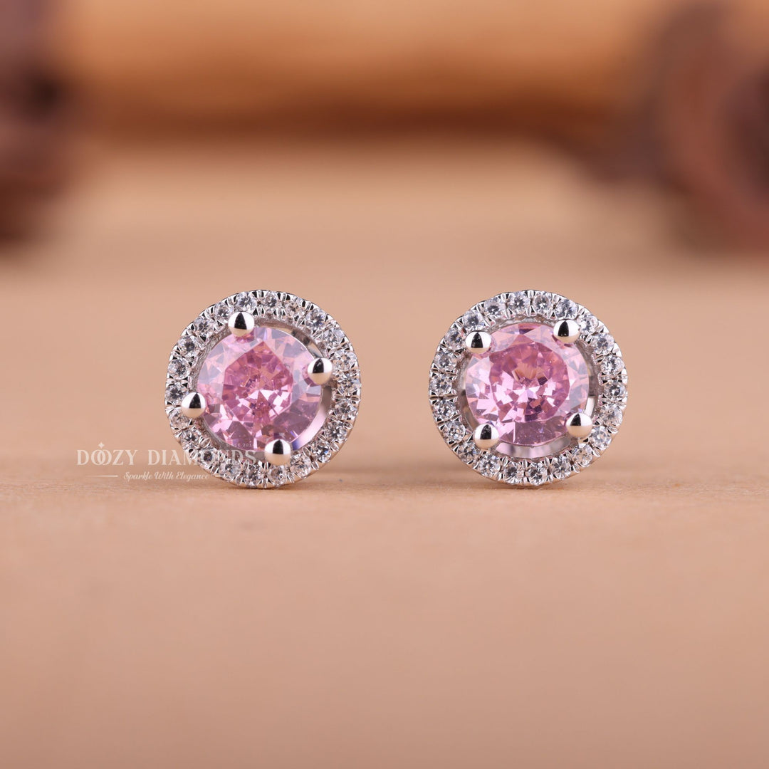 Pink Round EF-VS2 Lab-Grown Diamond Halo Stud Earrings