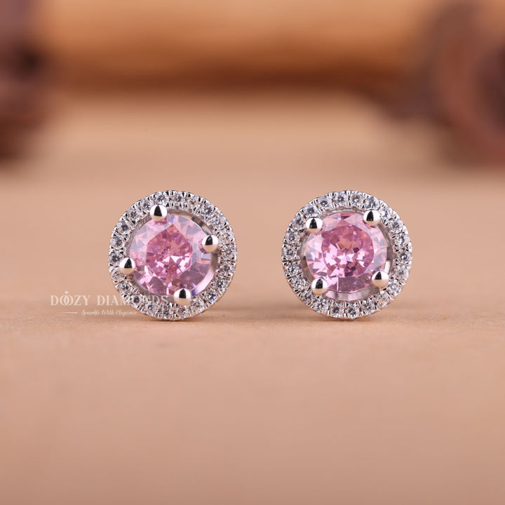 Pink Round EF-VS2 Lab-Grown Diamond Halo Stud Earrings