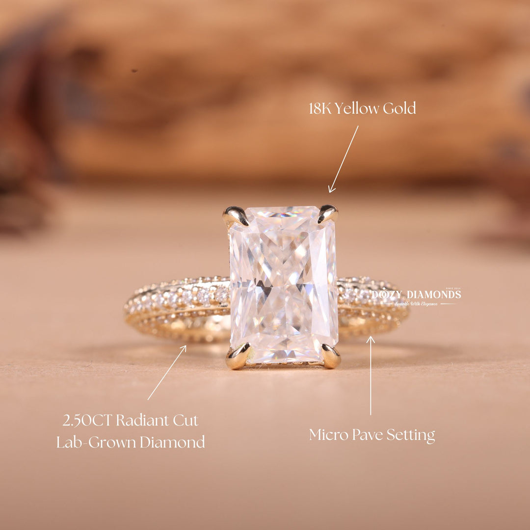 Radiant pave lab grown diamond ring side profile in gold setting