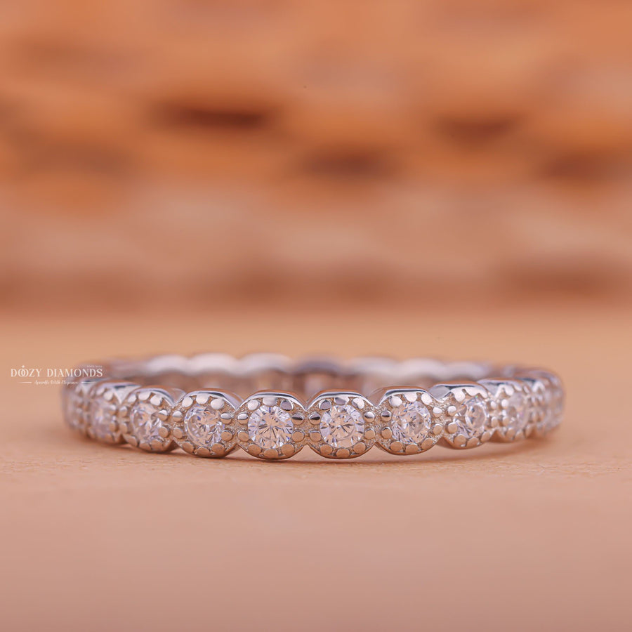 Milgrain round diamond wedding band front view