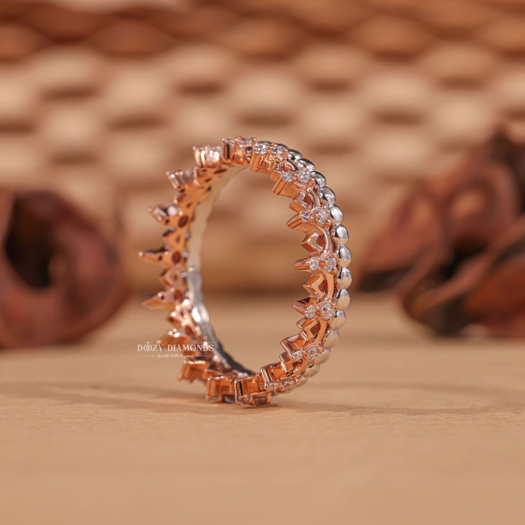 Milgrain Crown diamond band stacked with engagement ring