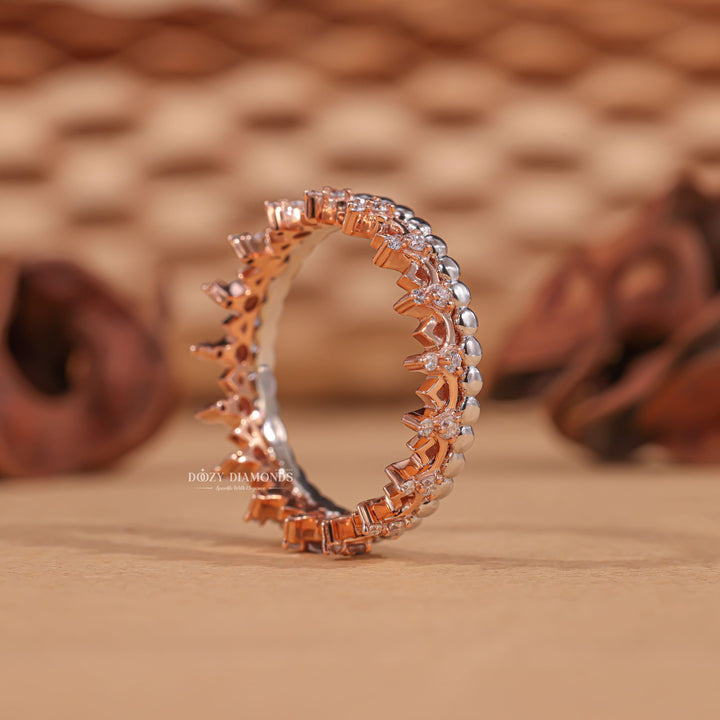 Milgrain Crown diamond band stacked with engagement ring