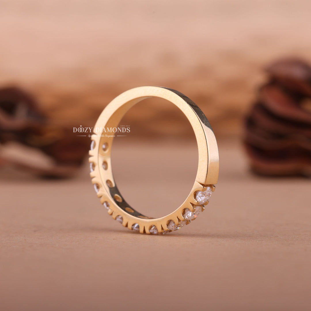 Round diamond band stacked with engagement ring