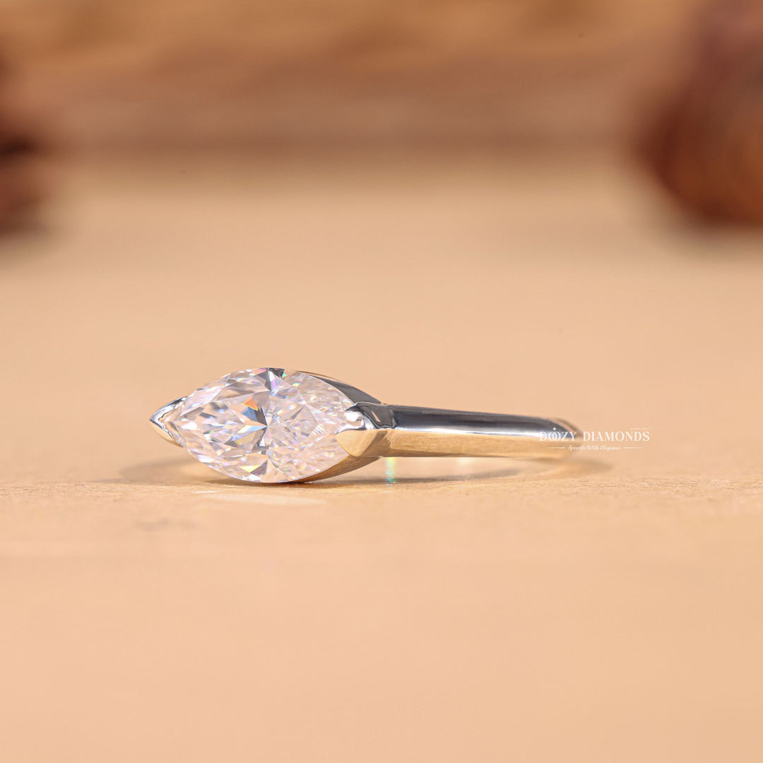 Marquise east west engagement ring viewed from the side