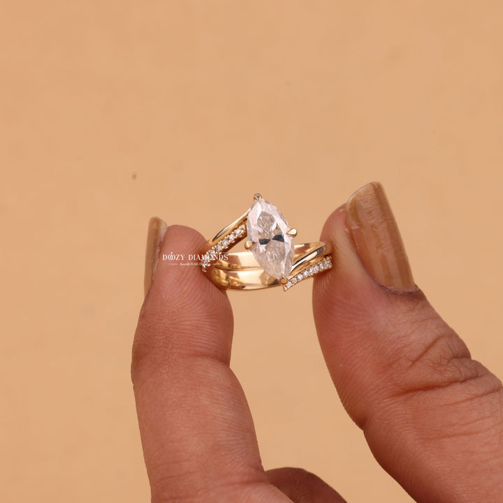 2.0CT Marquise Cut EF - VS2 Lab Grown Unique Engagement Ring with Open Wedding Band - Doozy Diamonds
