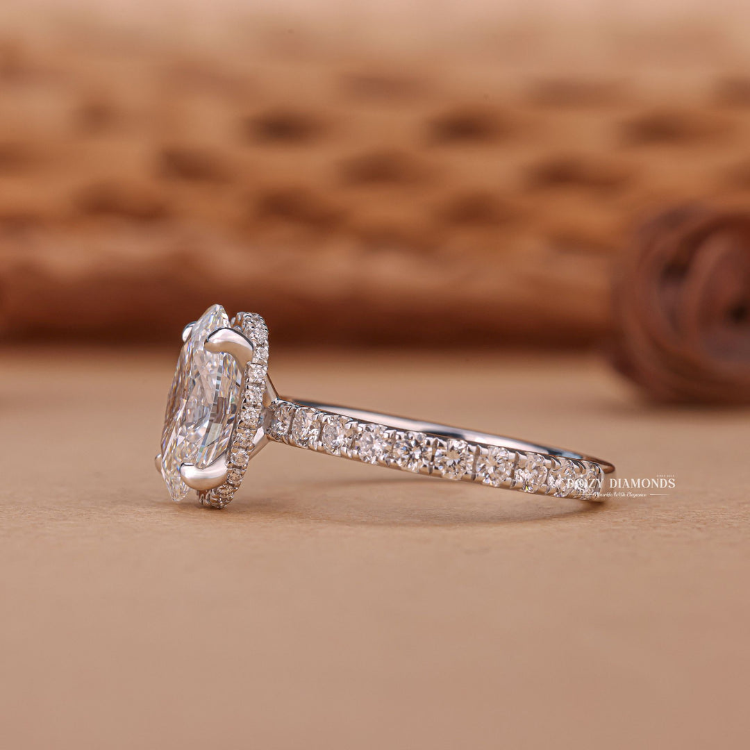Oval cut engagement ring side view showing band detail