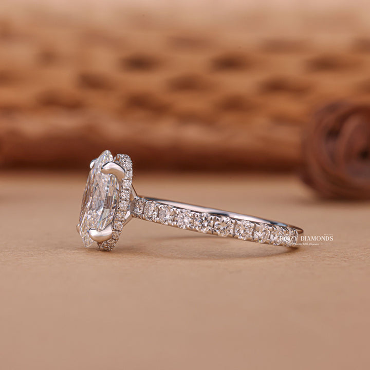 Oval cut engagement ring side view showing band detail