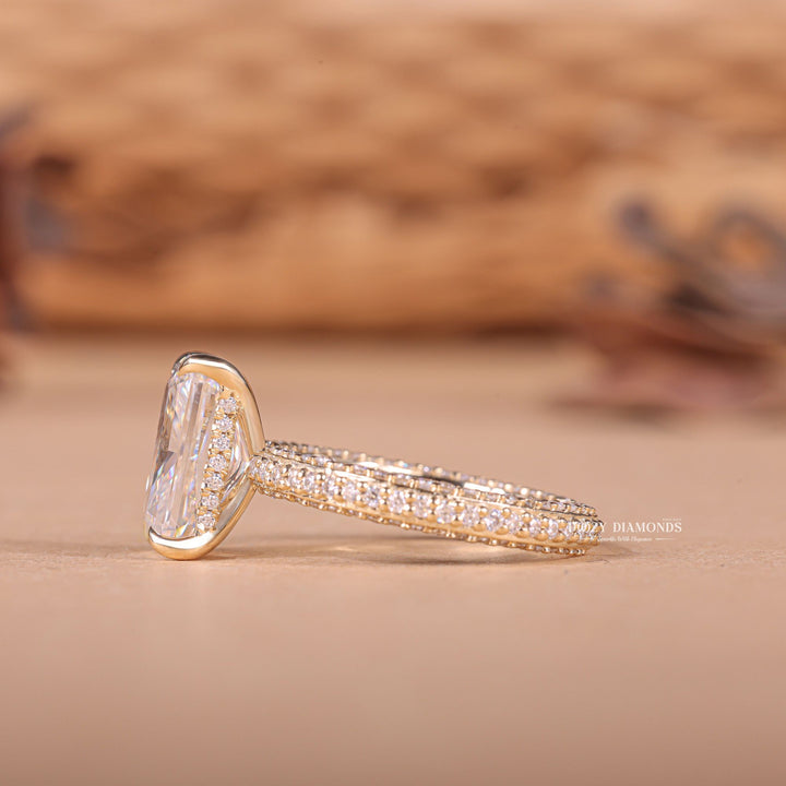 Radiant pave engagement ring finished in polished solid gold