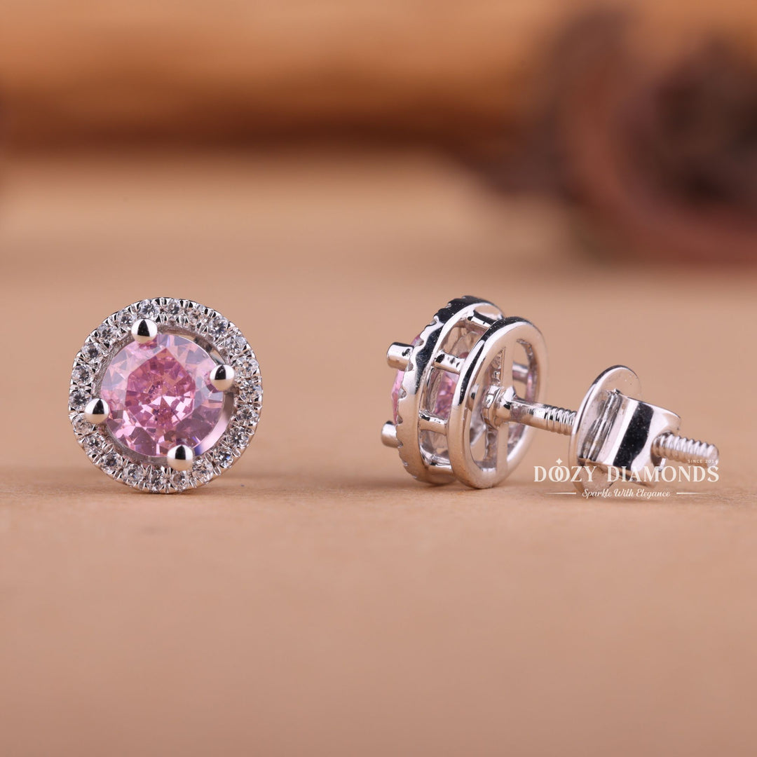 Pink Round EF-VS2 Lab-Grown Diamond Halo Stud Earrings