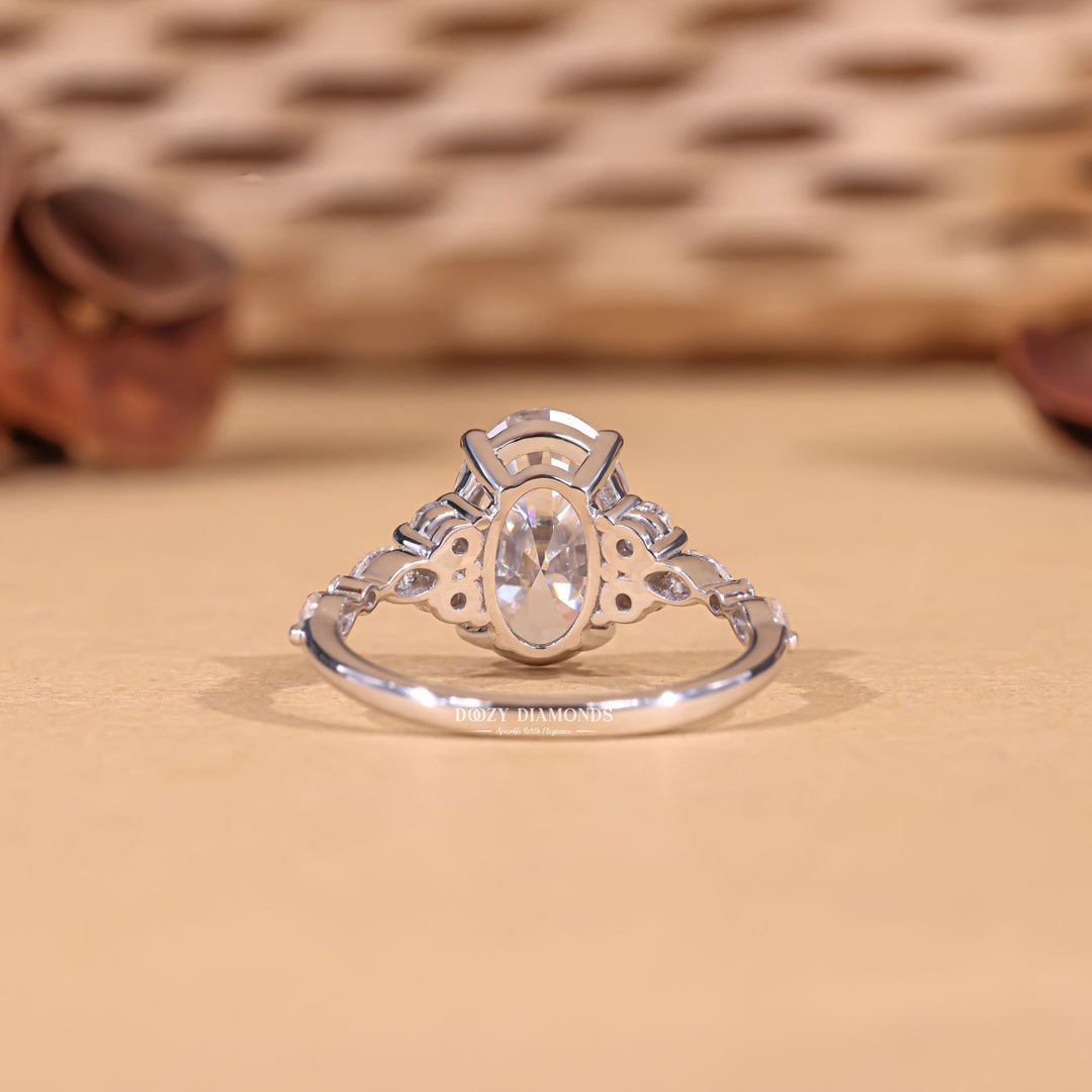 Oval cut engagement ring side view showing band detail