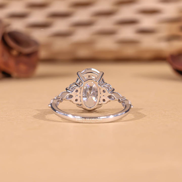 Oval cut engagement ring side view showing band detail