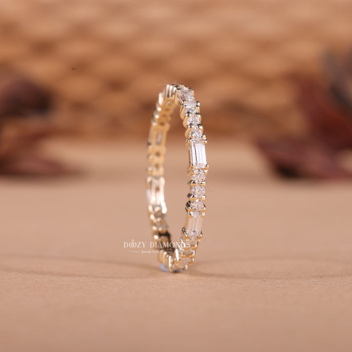 Round diamond band stacked with engagement ring