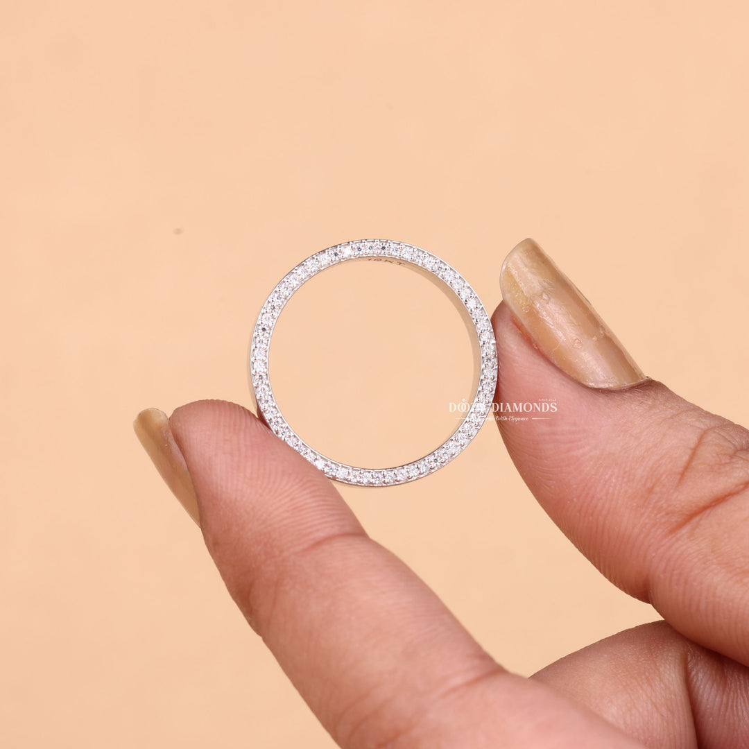 Round lab grown diamond band worn on hand