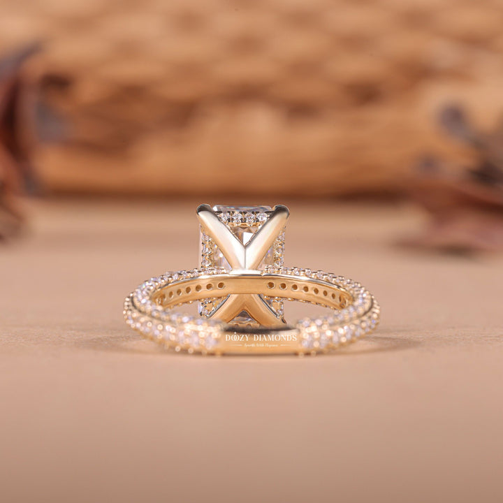 Radiant pave engagement ring photographed in natural light