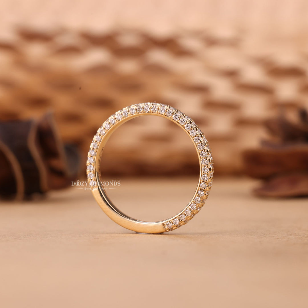 Round diamond band stacked with engagement ring