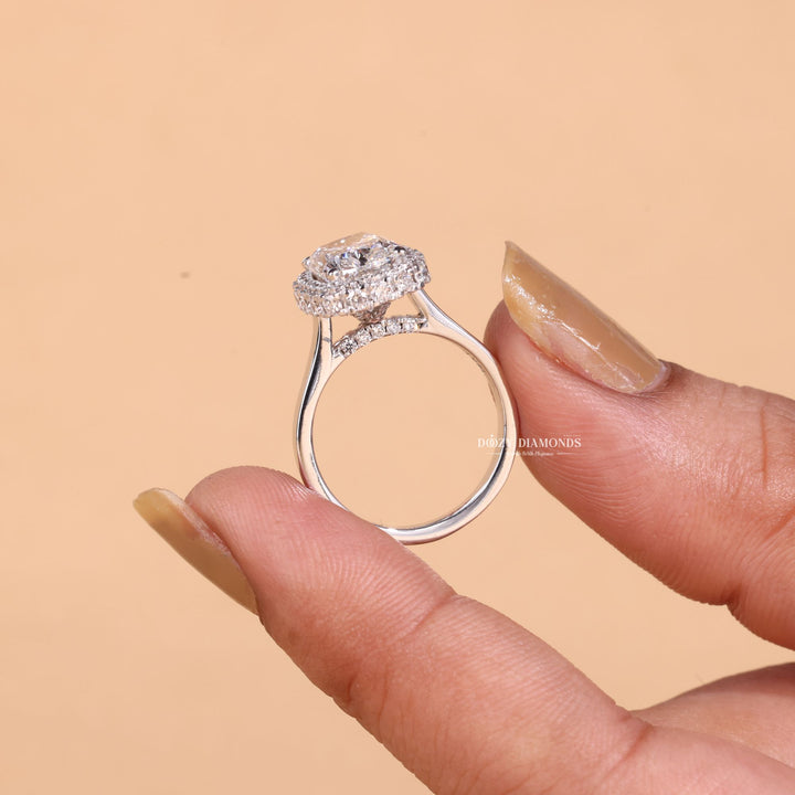 Side angle of cushion halo diamond engagement ring