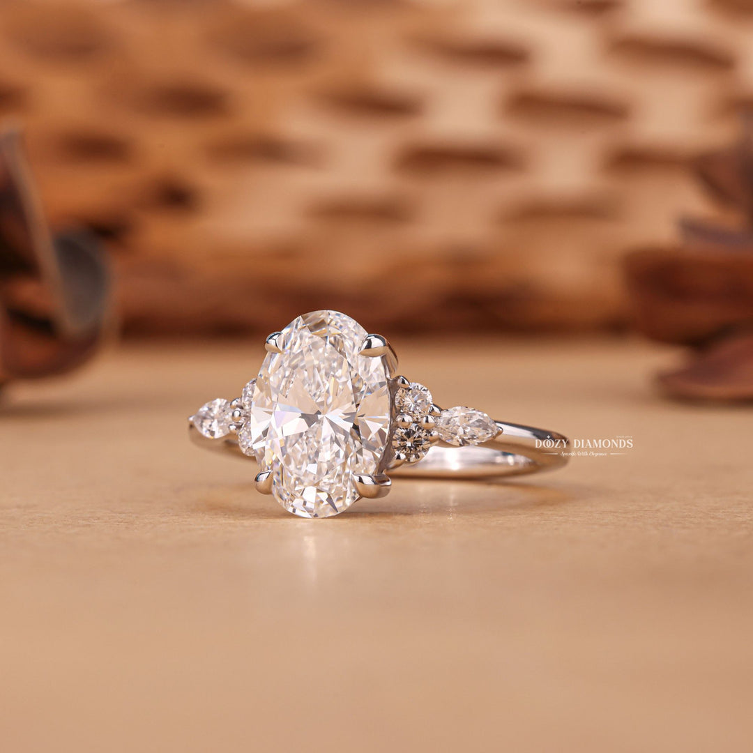 Oval cluster engagement ring with certified lab grown diamond