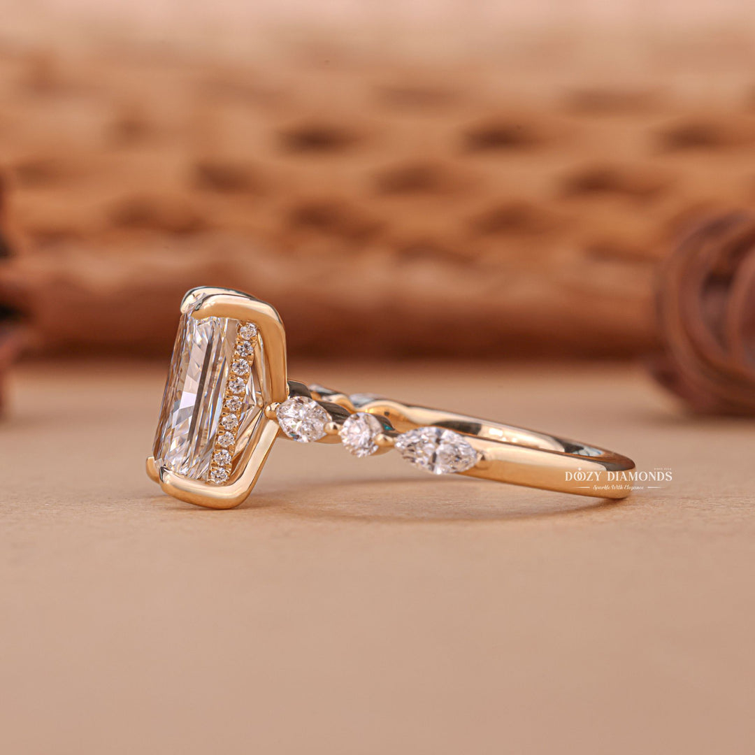 Radiant hidden halo engagement ring viewed from the side