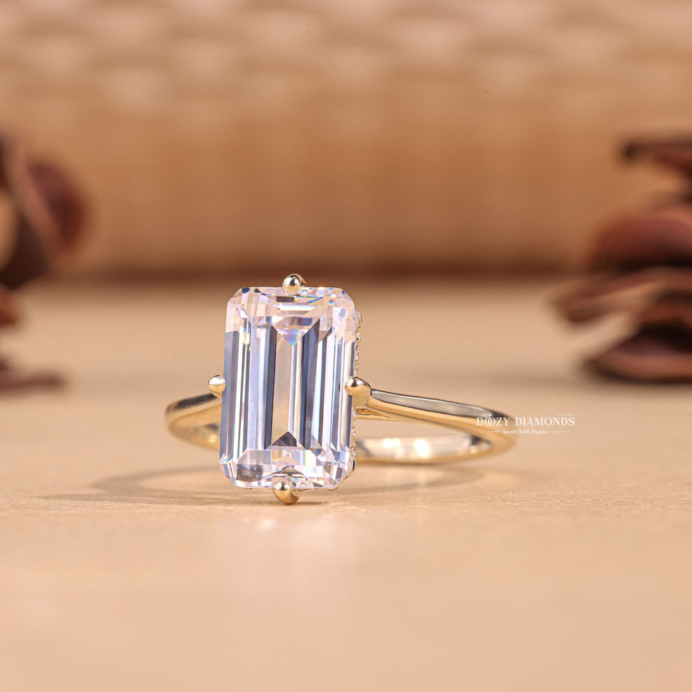 Emerald hidden halo lab grown diamond ring in jewelry gift box