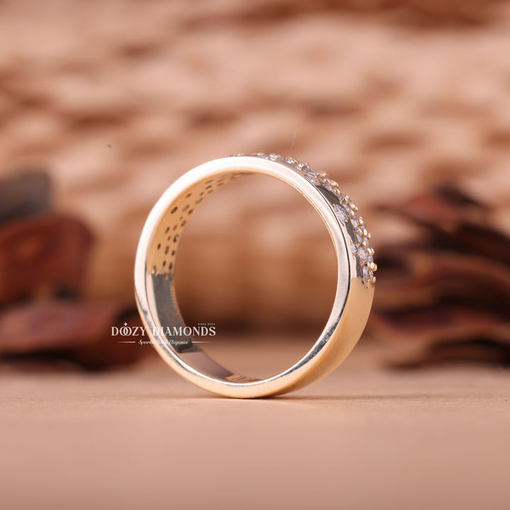 Round diamond band stacked with engagement ring