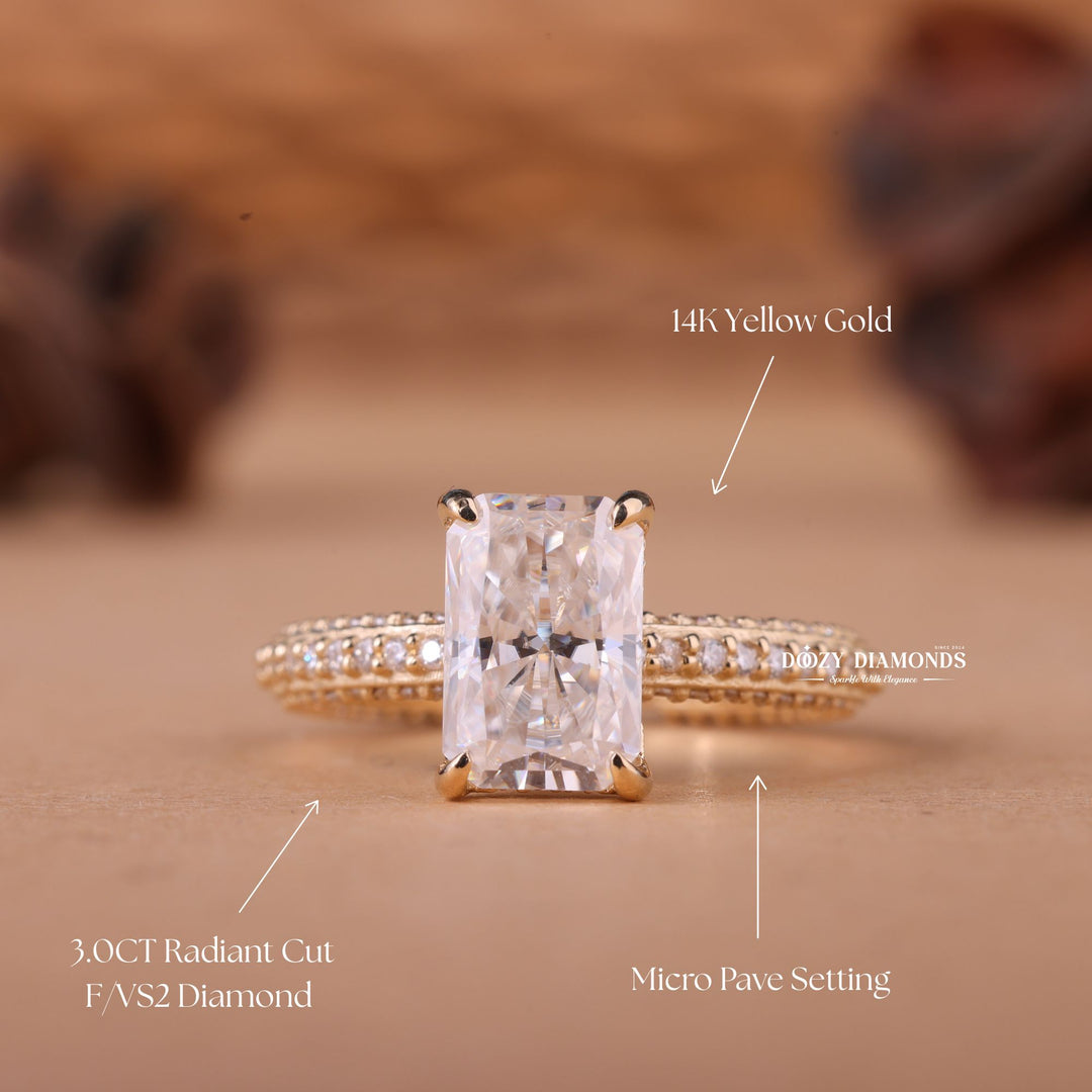 Radiant pave engagement ring shown on hand for true-to-life sizing