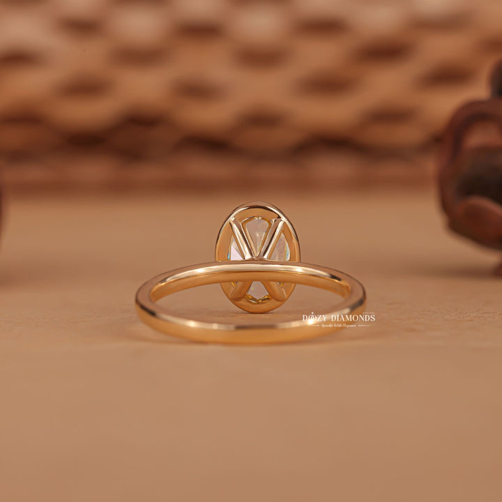 Oval bezel lab grown diamond ring fitted on finger