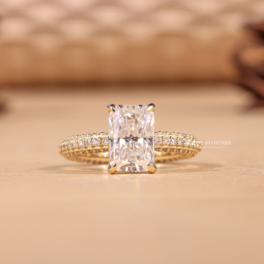 Top-down view of radiant cut pave engagement ring